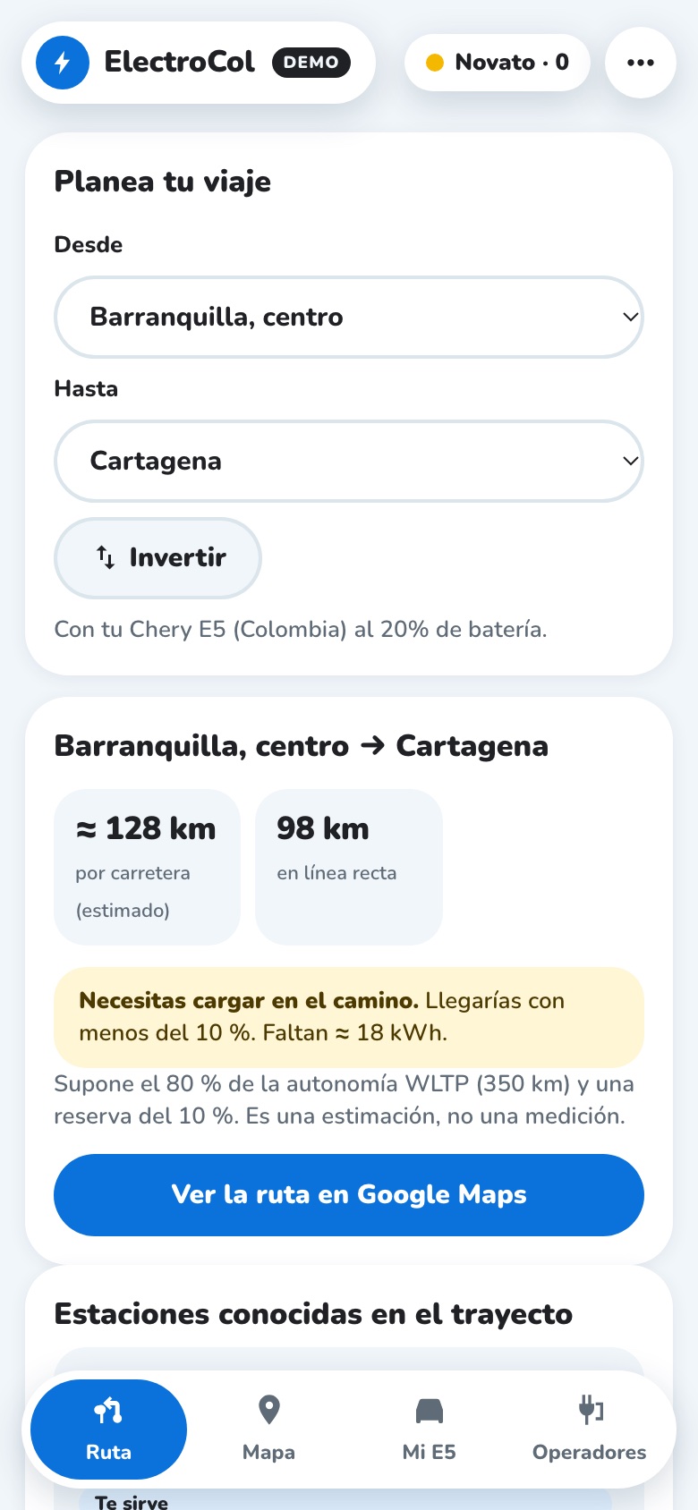Planificador de viaje de Barranquilla a Cartagena con 128 kilómetros estimados y aviso de que se necesita cargar en el camino