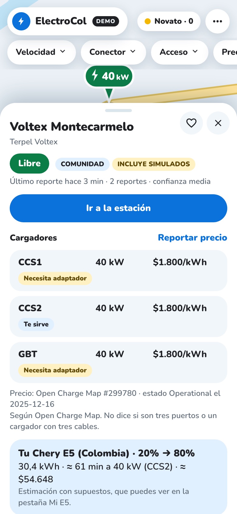 Ficha de estación con tres cargadores de 40 kW a 1.800 pesos por kWh y la indicación Te sirve para el conector CCS2